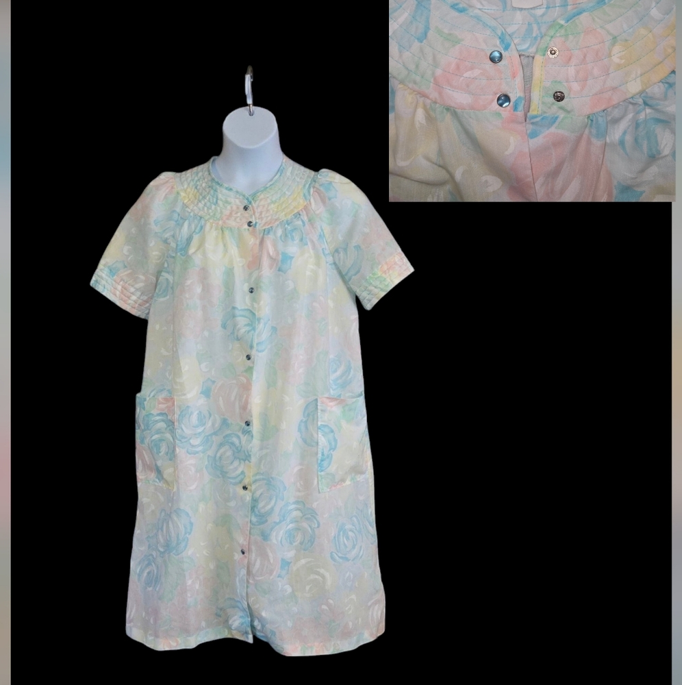 VTG Lounge House Dress Robe Blue Pear Snap Buttons Floral Maxi Mumuu Size L/XL